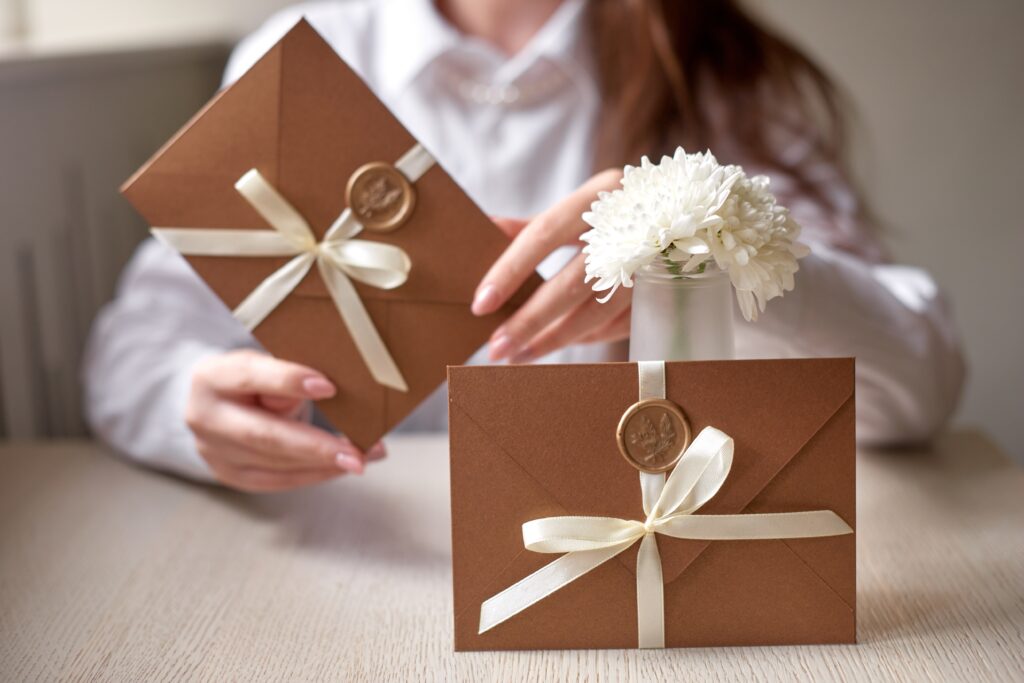 Braut übergibt Hochzeitseinladung in Umschlag mit goldenem Siegel