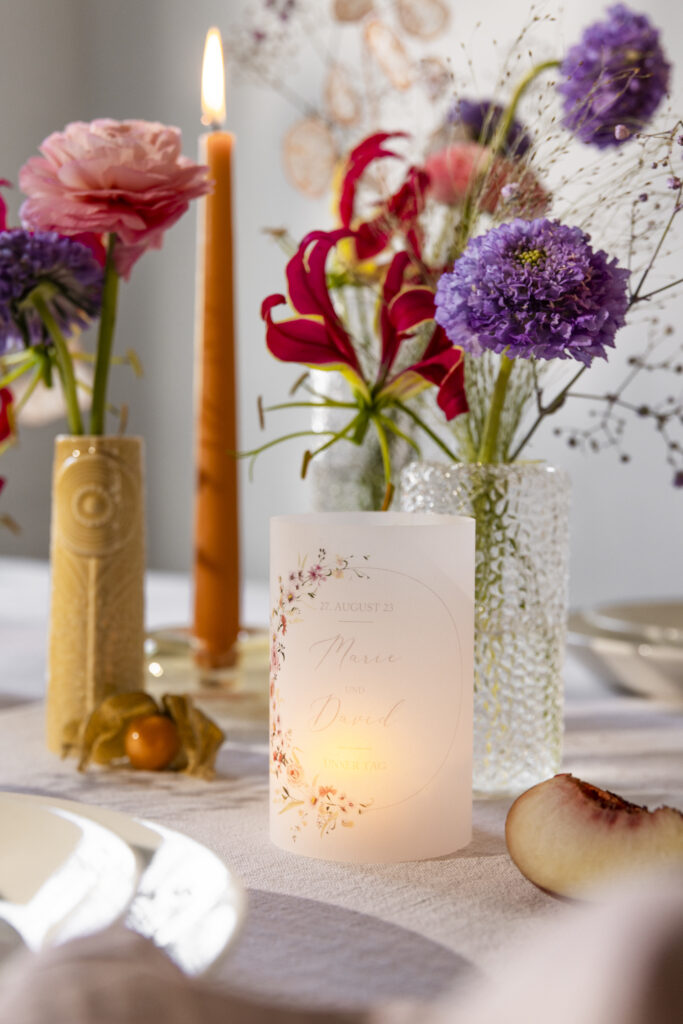 Hochzeitspapeterie personalisiertes Windlicht mit Blumen Hochzeitsdeko